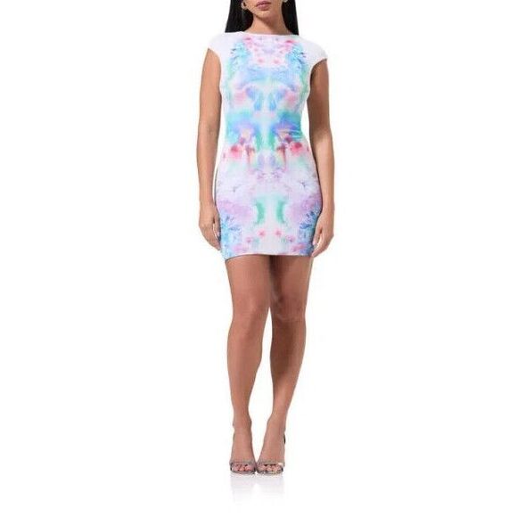 AFRM Mabel Minidress Size Large Blur Blossom Floral Cap Sleeve Stretchy Mesh NEW - Picture 1 of 13